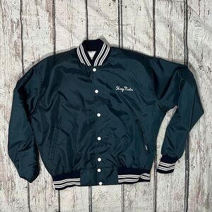 Vintage Allied Diesel Service Hog Nuts Blue Satin Baseball Bomber Jacket 80s